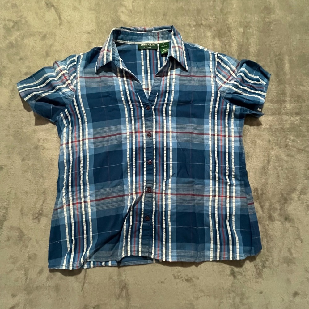 Lemon Grass Studio Button Up Top Women XL Blue Plaid Seersucker Cotton Blouse